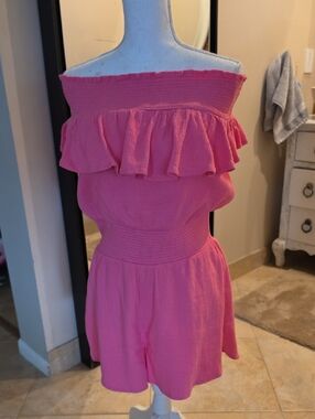 Vineyard Vines Pink Off-Shoulder Ruffle Romper